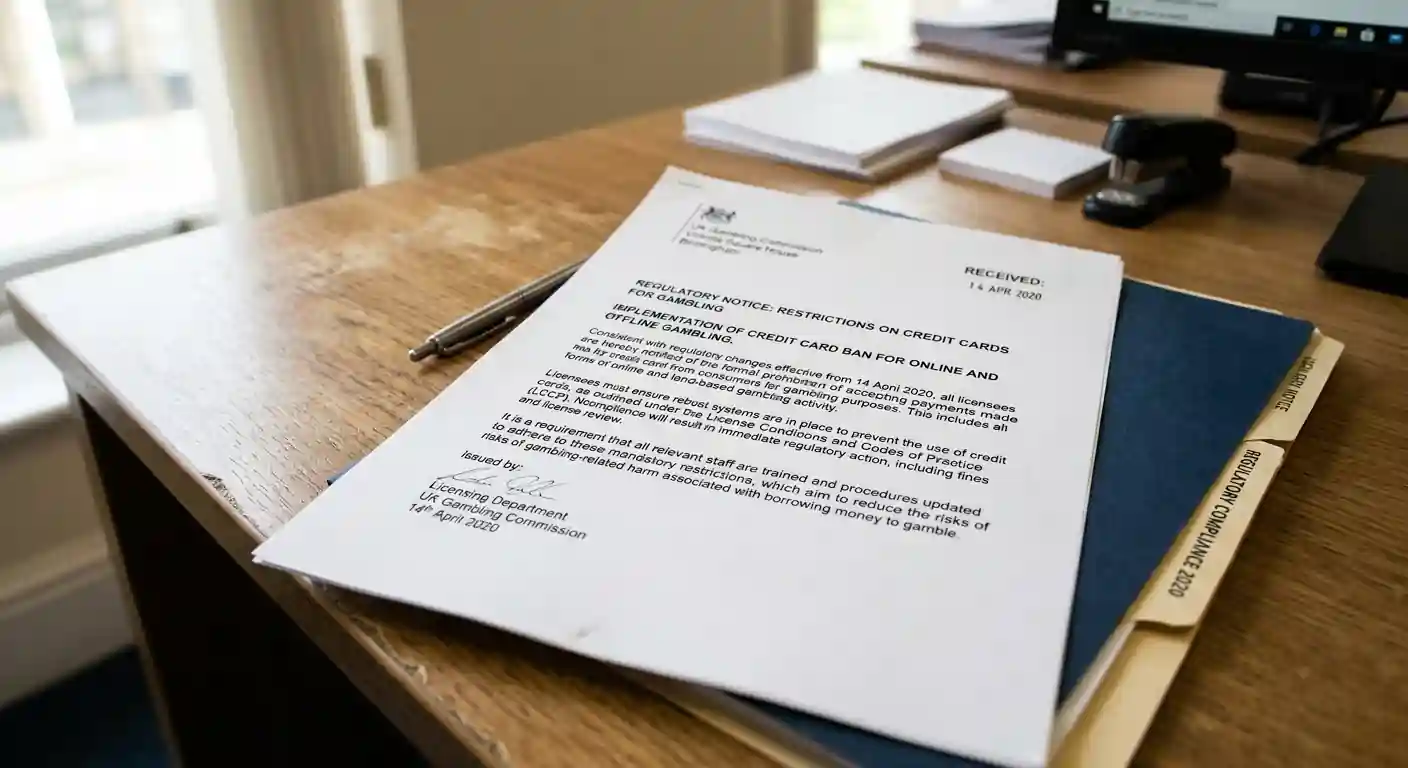 Official document showing UK Gambling Commission credit card ban text and compliance date