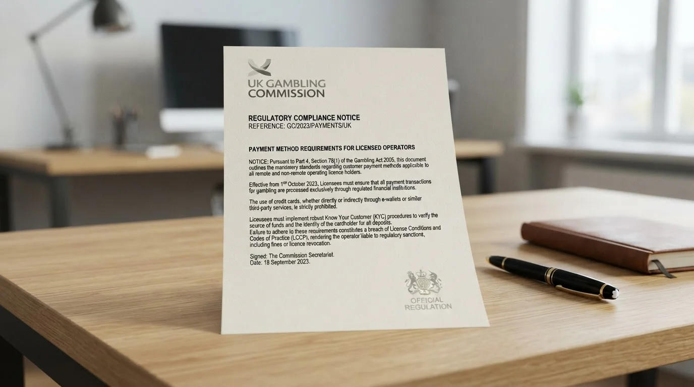 Official document with UK Gambling Commission seal and regulatory text on traceable payment methods