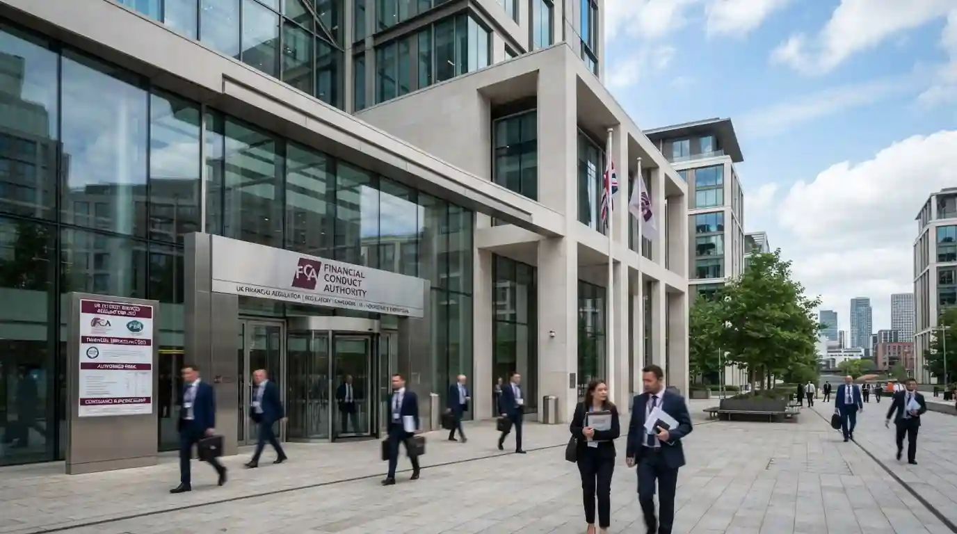 Official FCA building facade with regulatory documents and UK payment regulations signage