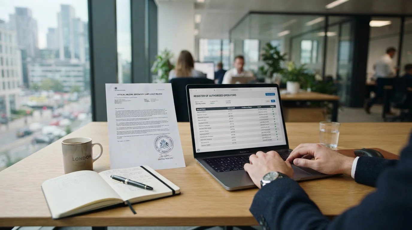 Modern office desk with UK Gambling Commission document and laptop showing casino licence register