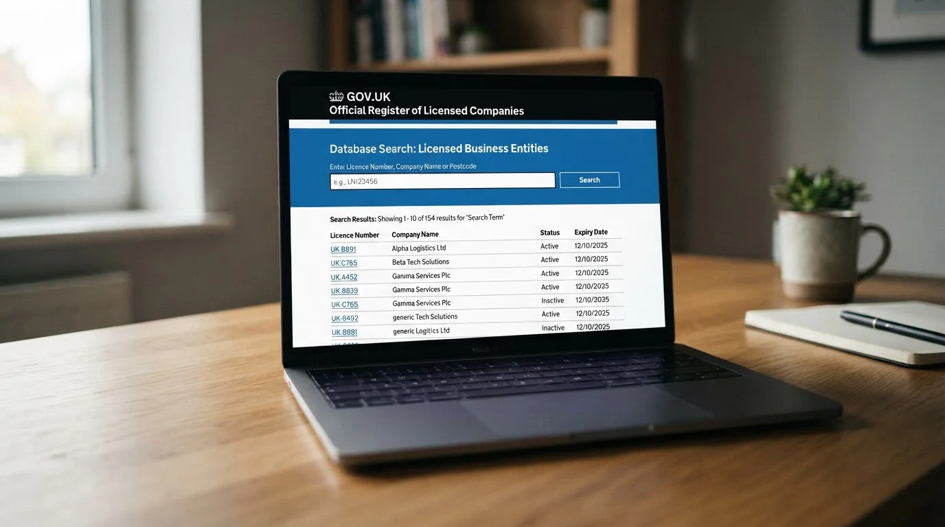Laptop displaying UK Gambling Commission public register search interface