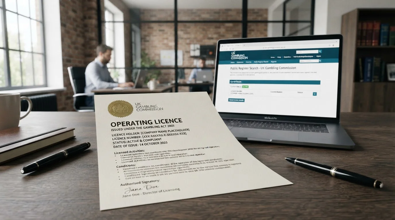 Official licence document with an embossed seal beside a laptop open on the Gambling Commission public register
