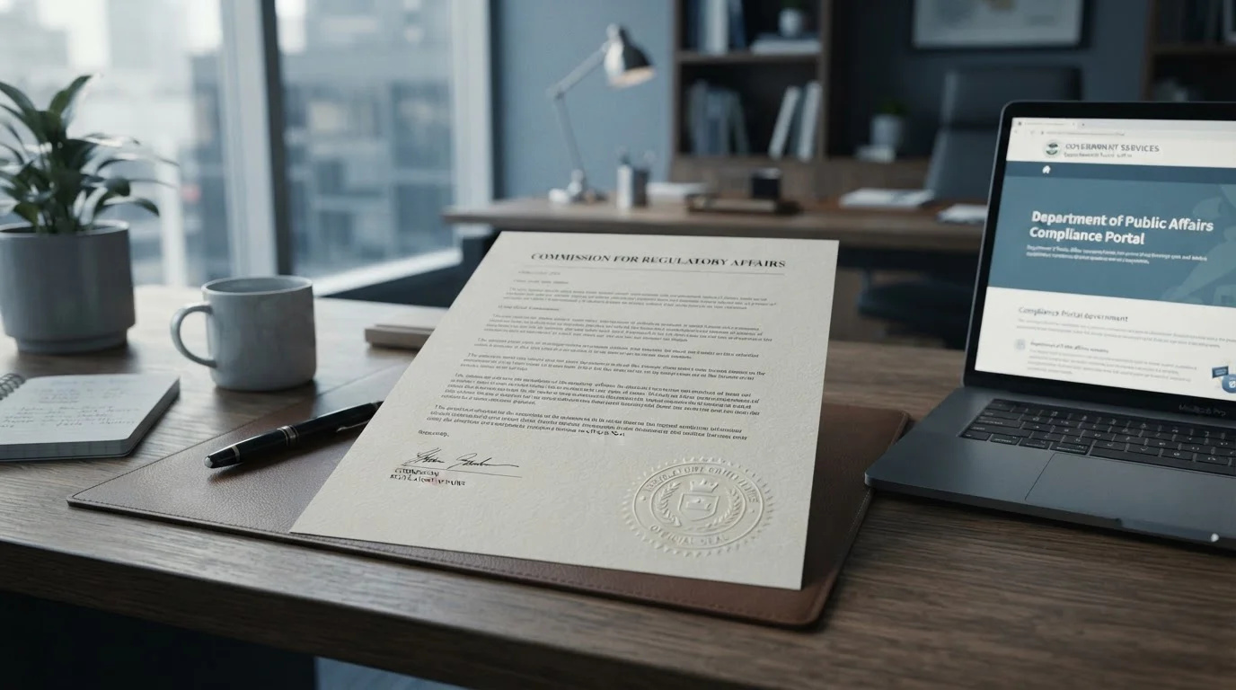 Official document with embossed seal on desk with laptop showing government website