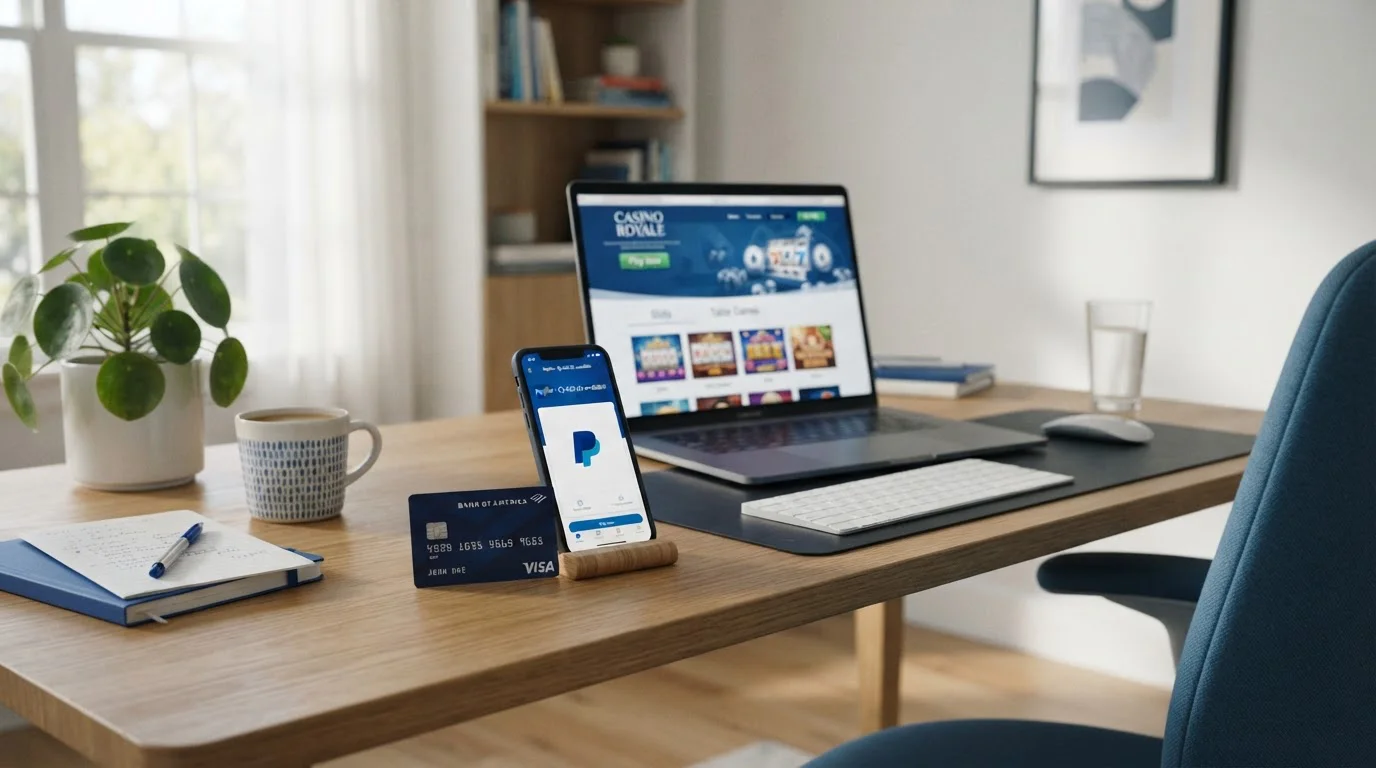 Debit card and PayPal logo on desk with laptop showing UKGC-licensed casino