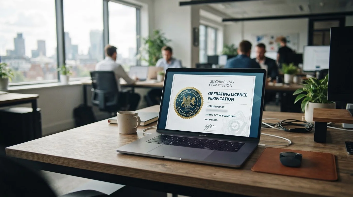 UKGC licence verification document on laptop screen with gambling commission seal