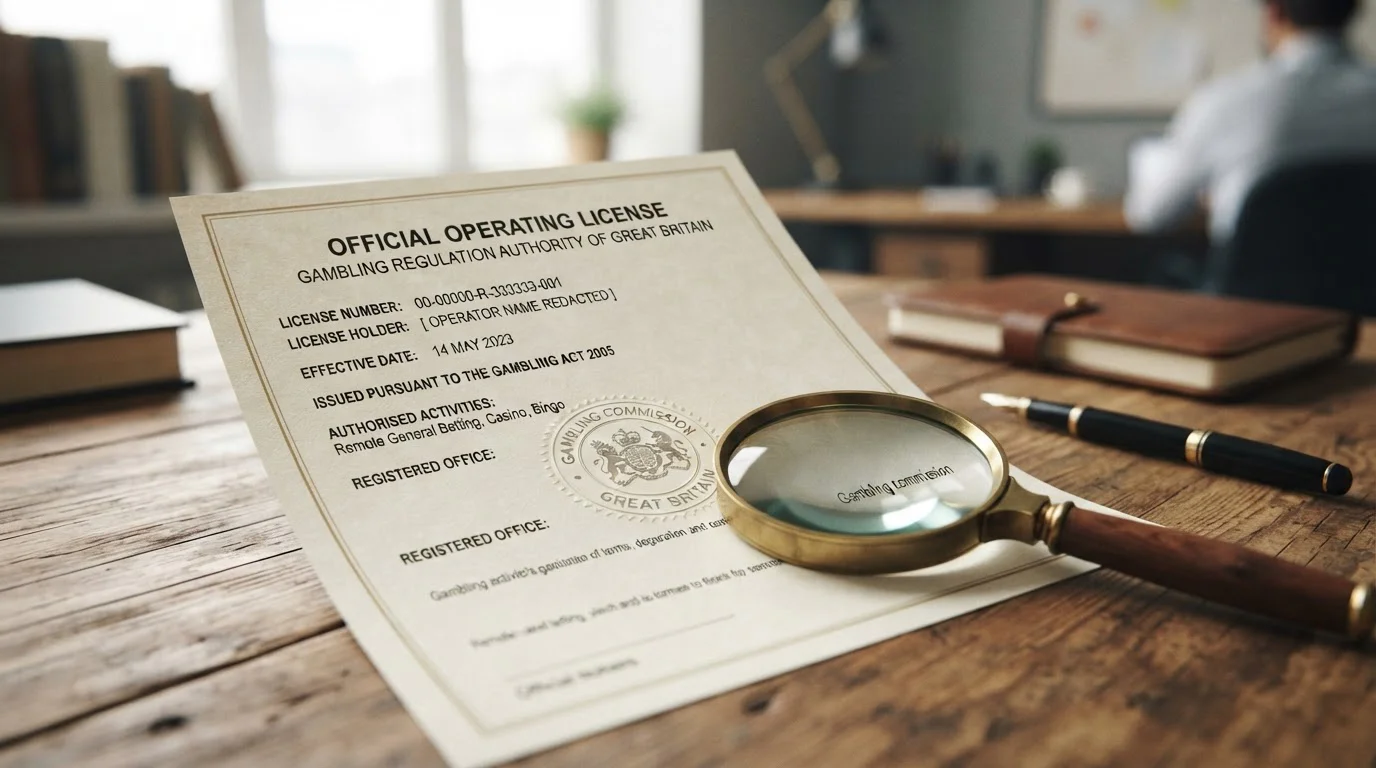 UK Gambling Commission license document with magnifying glass on desk