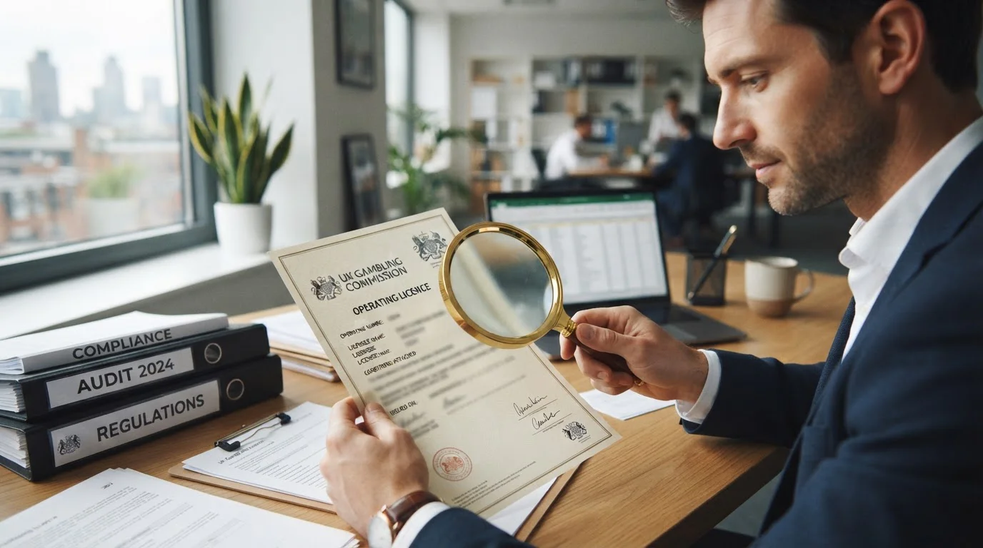 UKGC licence verification document with magnifying glass
