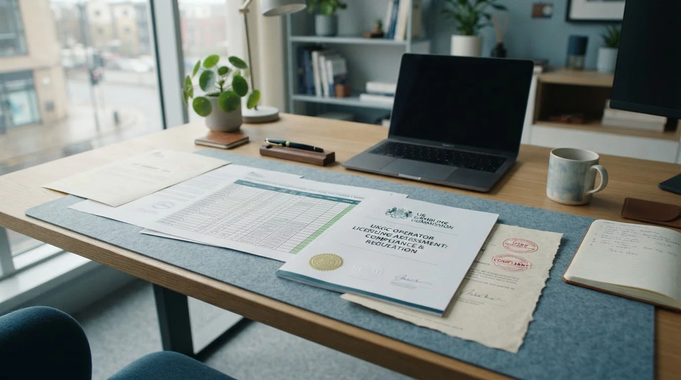 Clean office desk with UKGC licensing documents and casino operator comparison spreadsheet