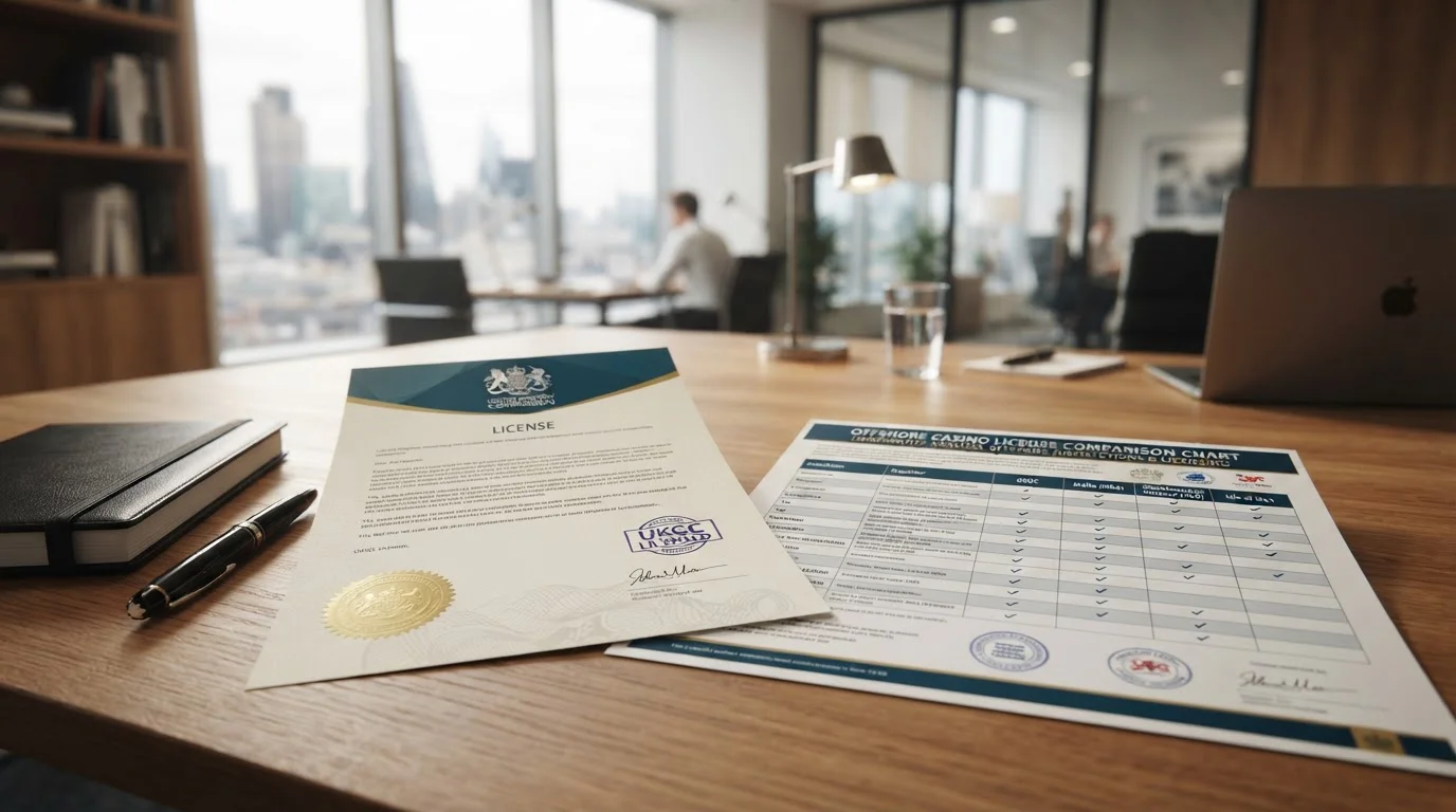UK Gambling Commission license badge alongside offshore casino license comparison chart