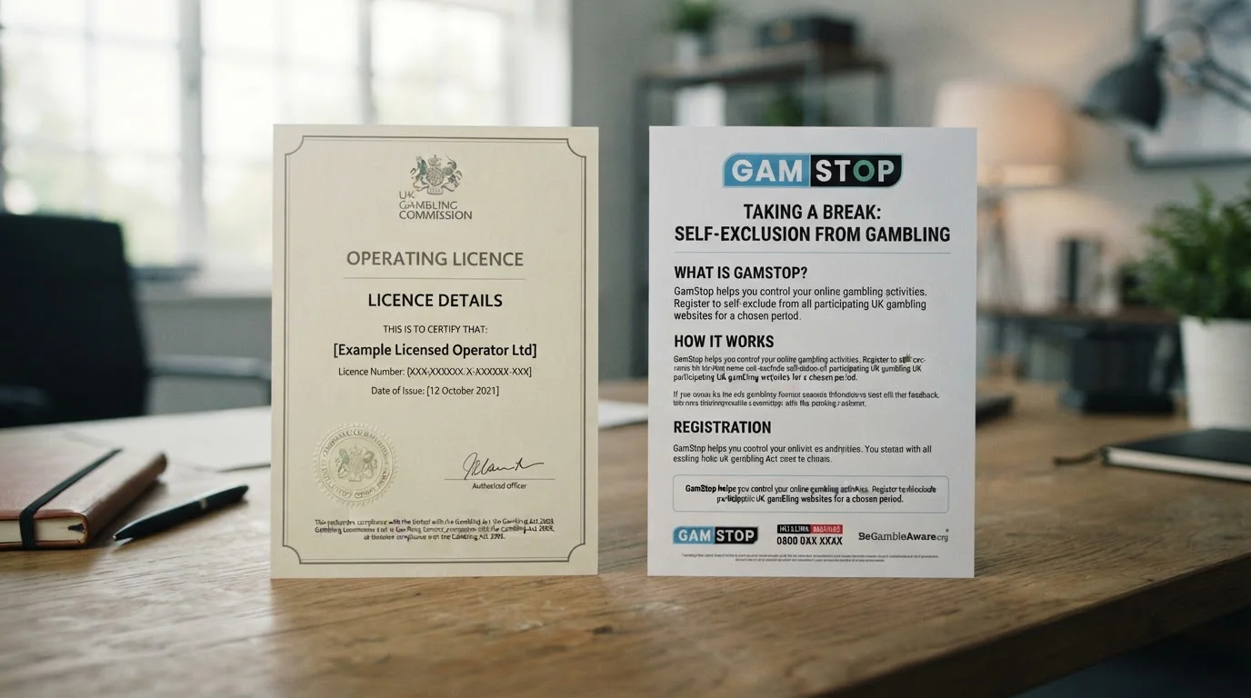 UKGC licence certificate and GamStop self-exclusion register logo