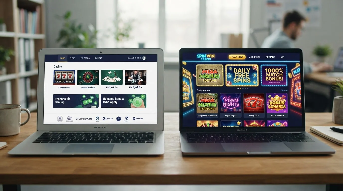 Split-screen showing UKGC licensed casino interface versus offshore casino interface