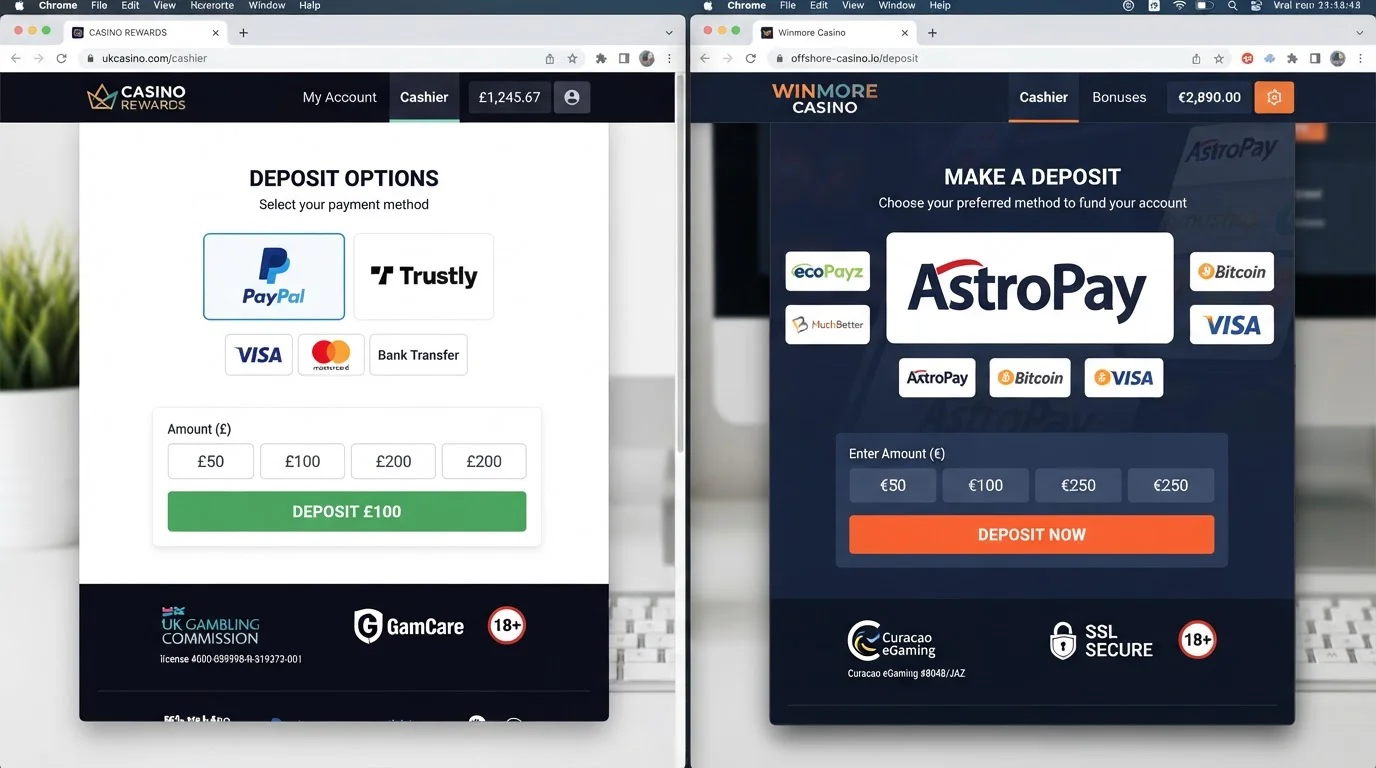 Split-screen comparison showing UKGC licensed casino with modern payment options versus offshore casino featuring AstroPay logo
