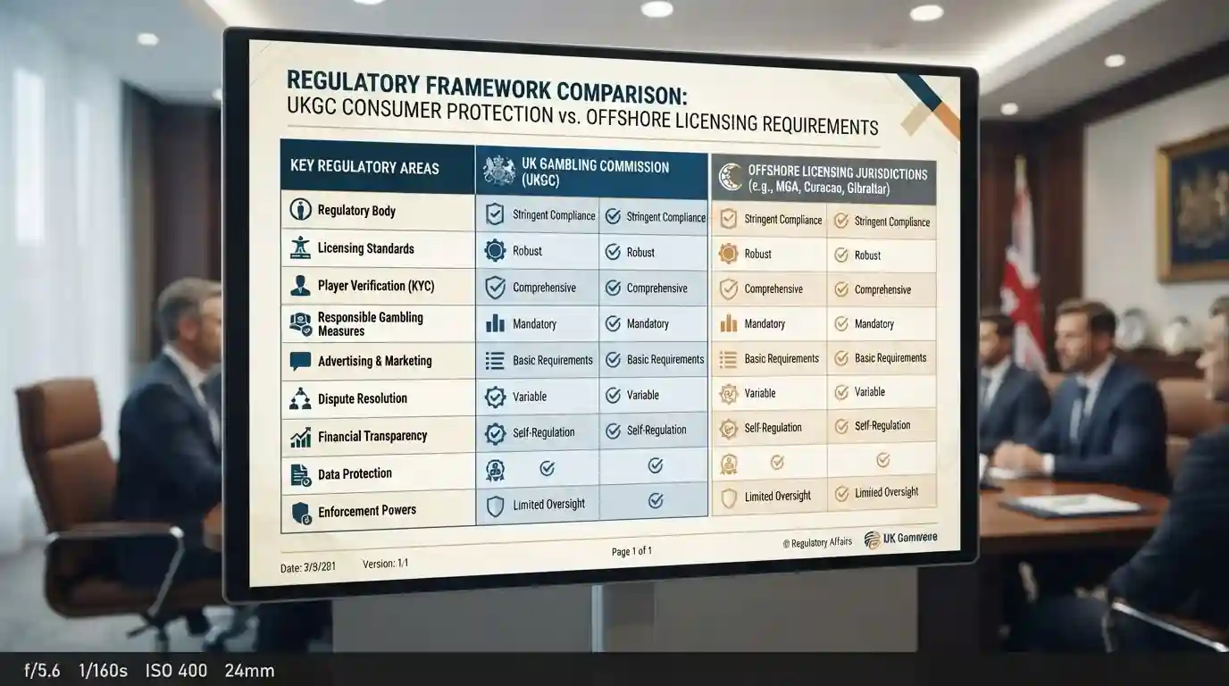 Document comparing UKGC consumer protection framework with offshore licensing requirements