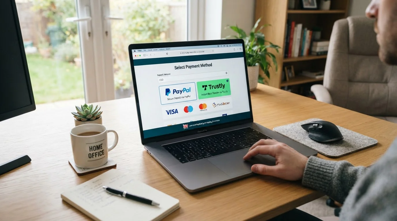 Clean desk setup with UKGC licensed casino website open showing PayPal and Trustly payment options
