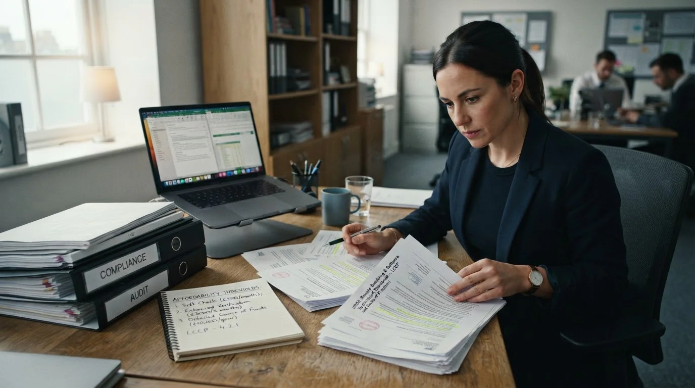 Person at desk reviewing UKGC regulatory documents with calculator showing affordability check thresholds