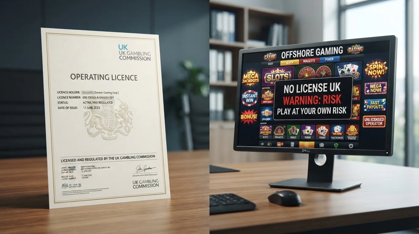 Split-screen comparison showing UKGC-licensed casino interface versus offshore unregulated casino warning