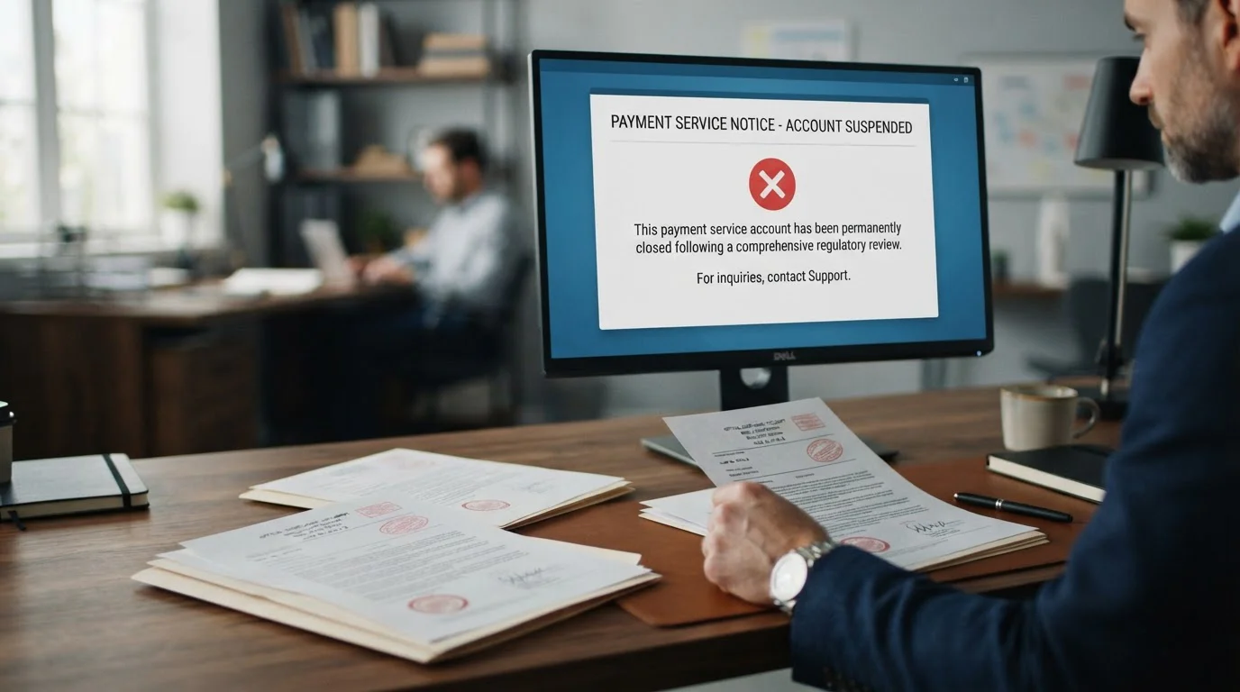Closed payment service notice on computer screen with regulatory documents visible
