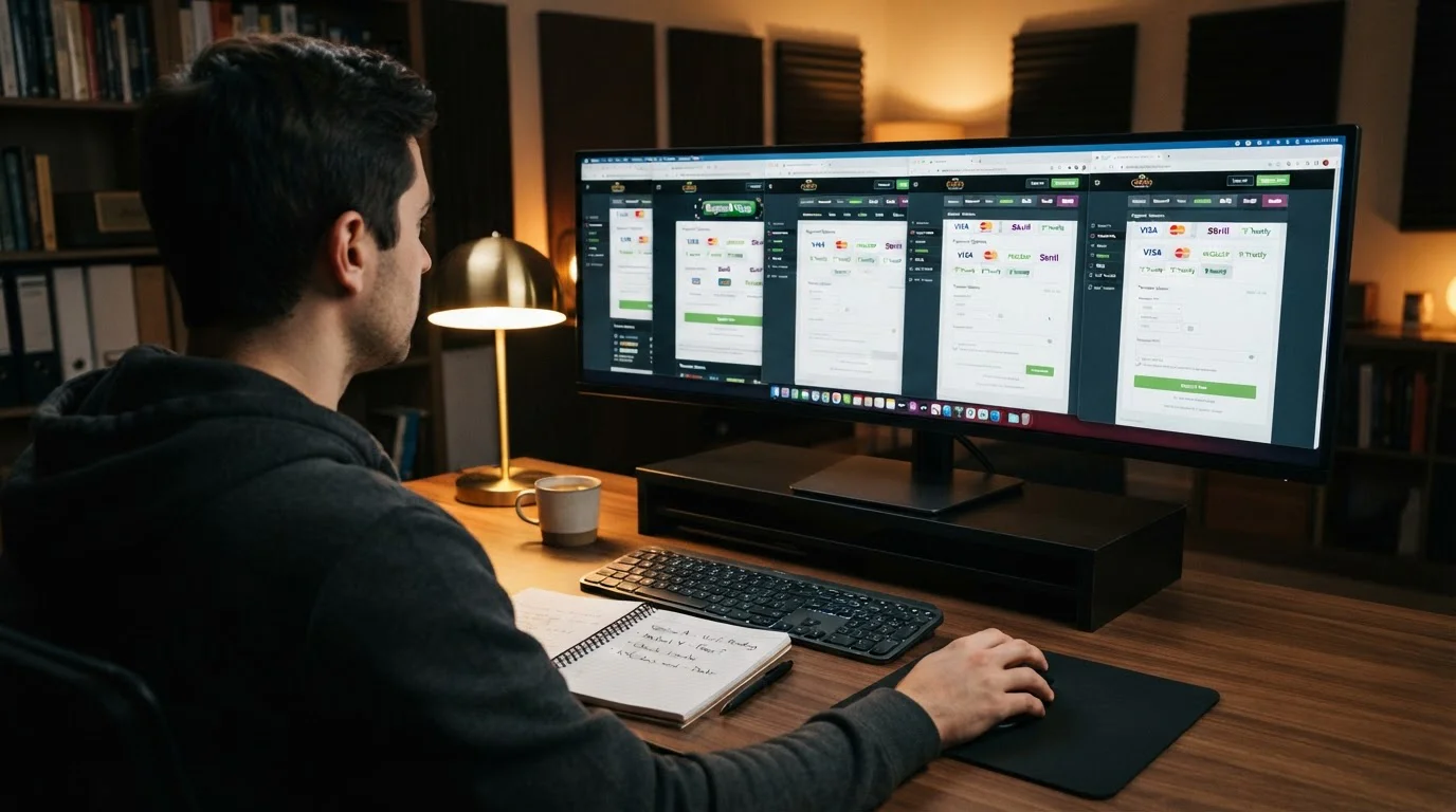 Person reviewing casino cashier screens across multiple offshore casino websites