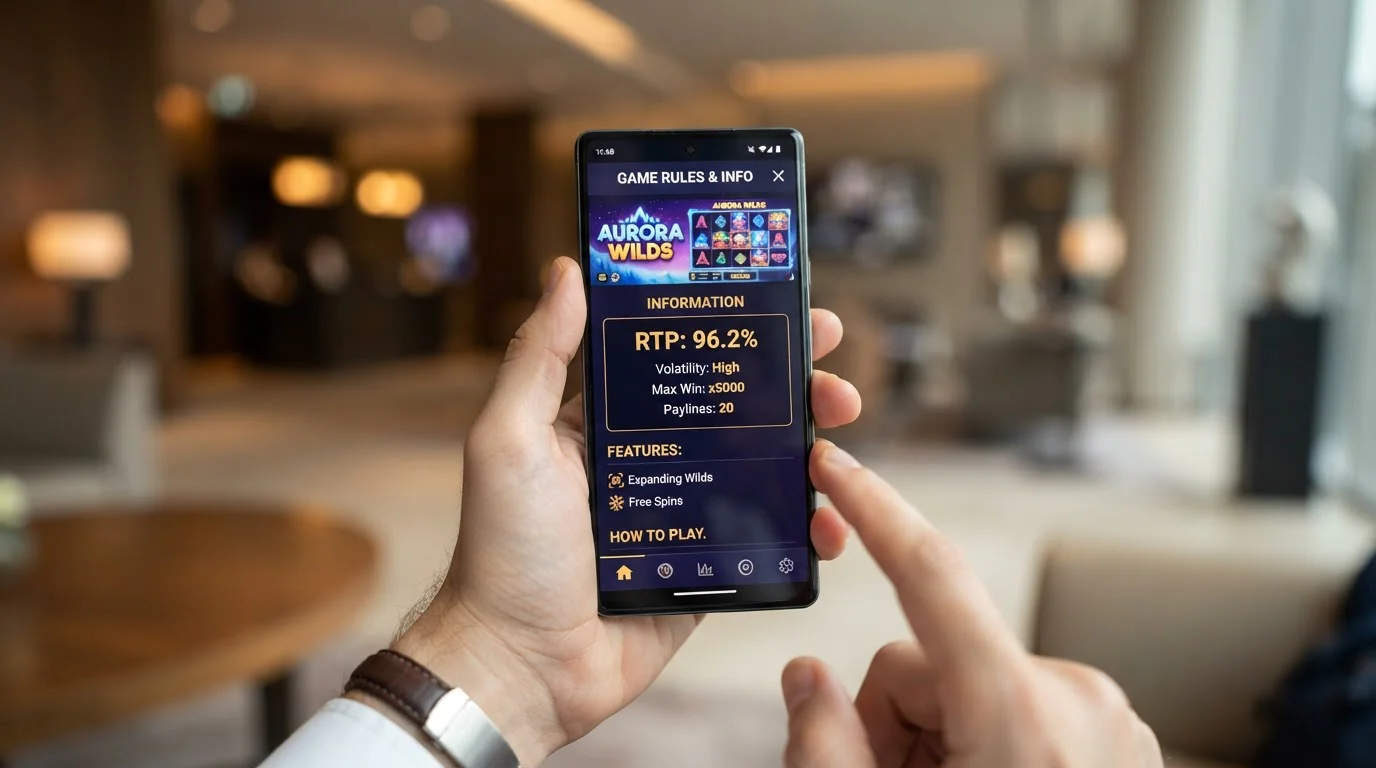 Smartphone displaying casino game info panel with RTP percentage clearly shown at 96.2%