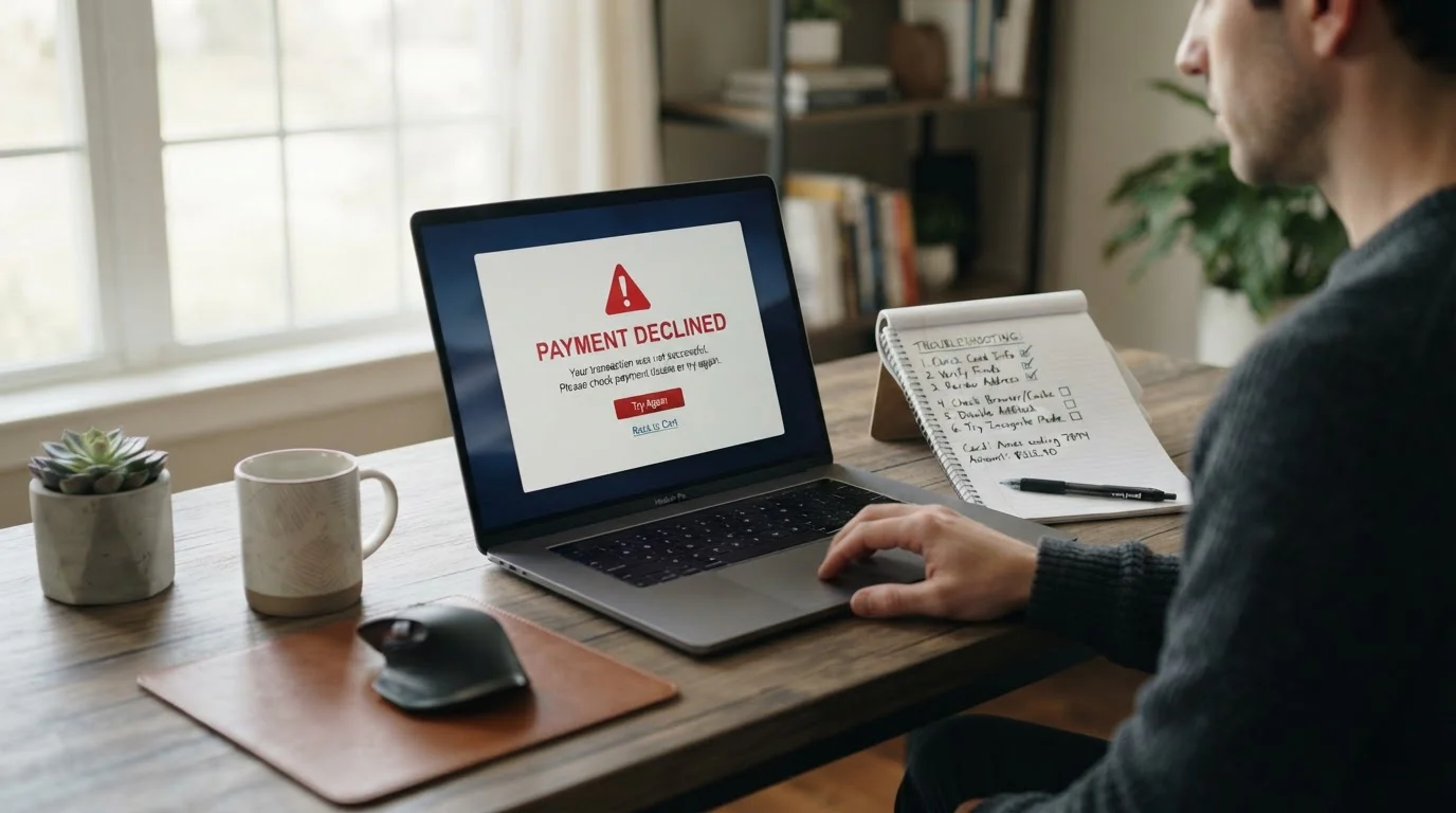 Declined payment notification on laptop screen with troubleshooting checklist