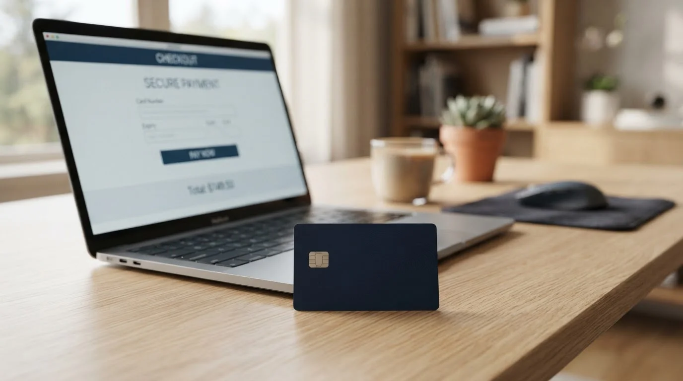 Close-up of Visa debit card on desk next to laptop showing casino cashier