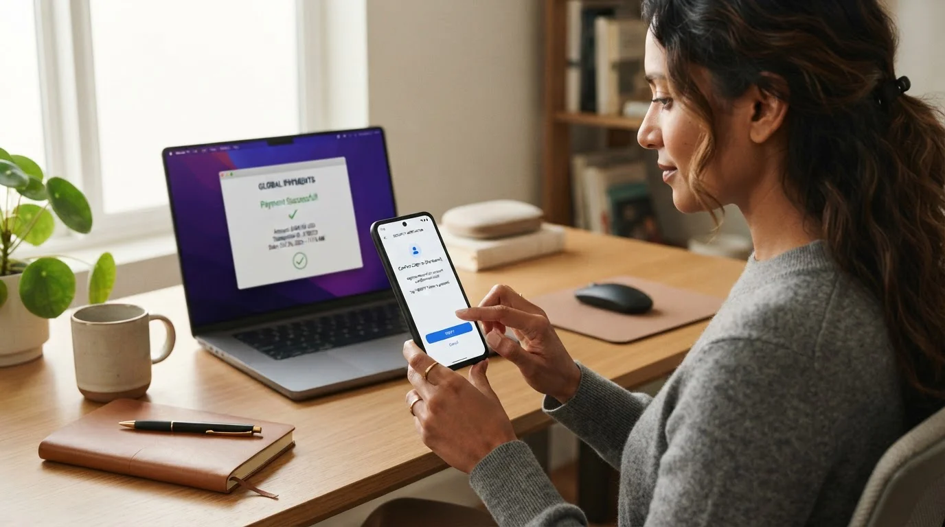 Person completing Visa Secure authentication on smartphone with laptop