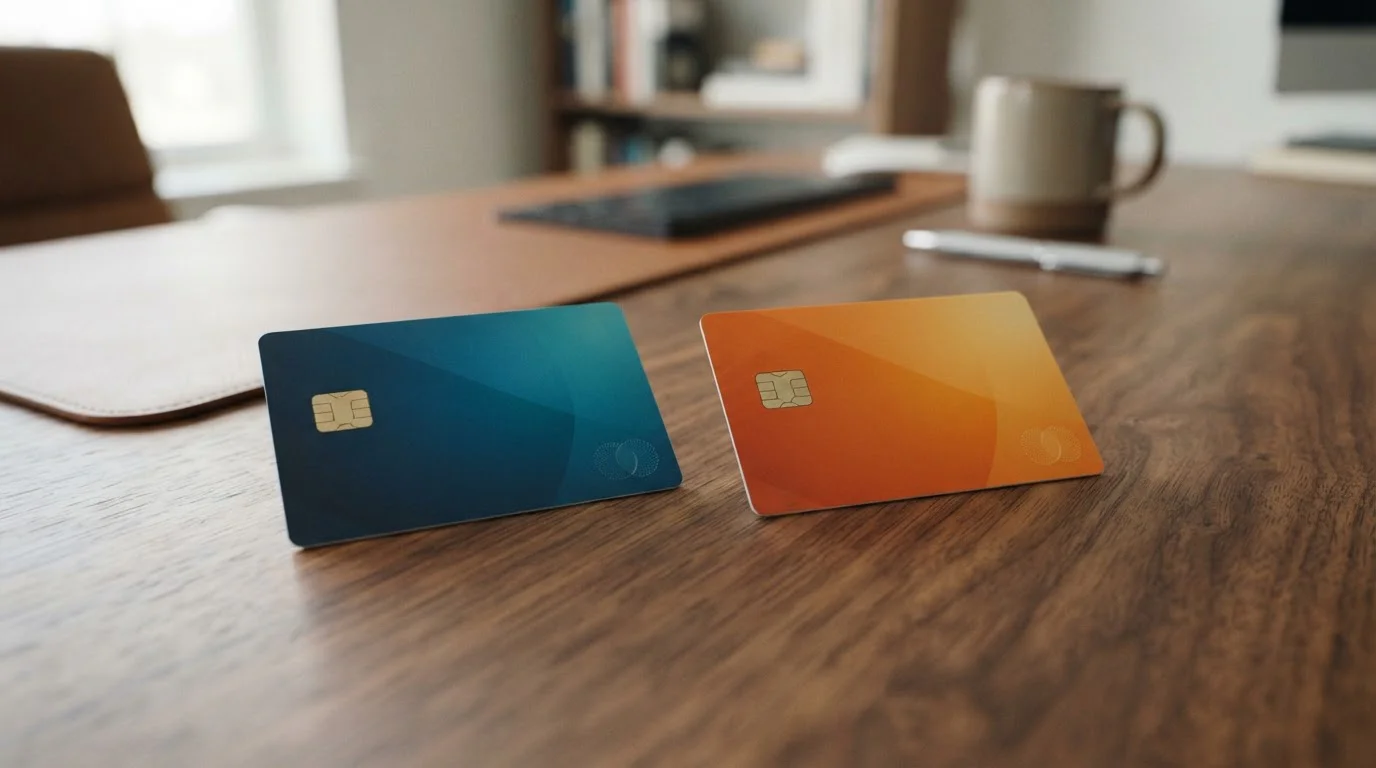 Visa and Mastercard debit cards side by side on desk