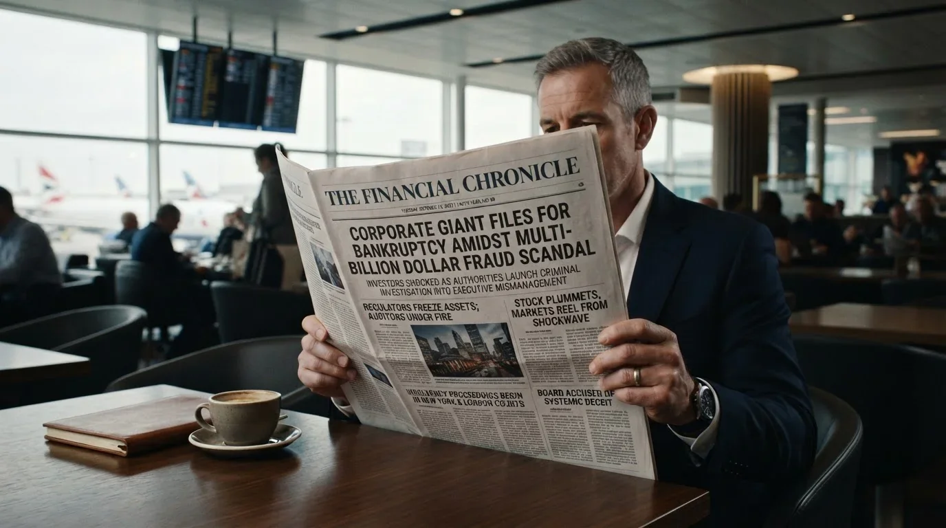 Newspaper headline about Wirecard insolvency and financial fraud scandal