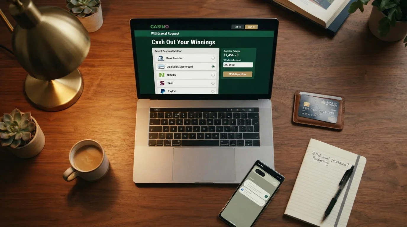Laptop showing casino withdrawal page with debit card and smartphone on desk with warm lighting