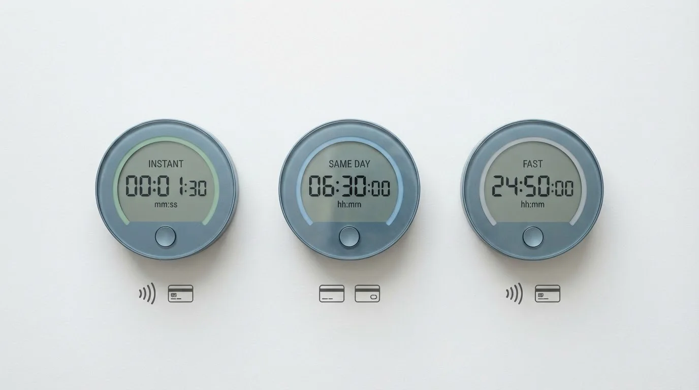 Three stopwatches showing different time ranges with payment method icons representing instant, same-day, and fast tiers