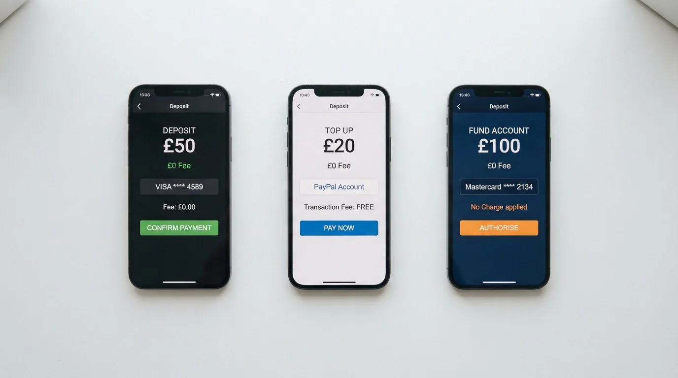 Three smartphones displaying different mobile casino interfaces with zero fee indicators on deposit screens