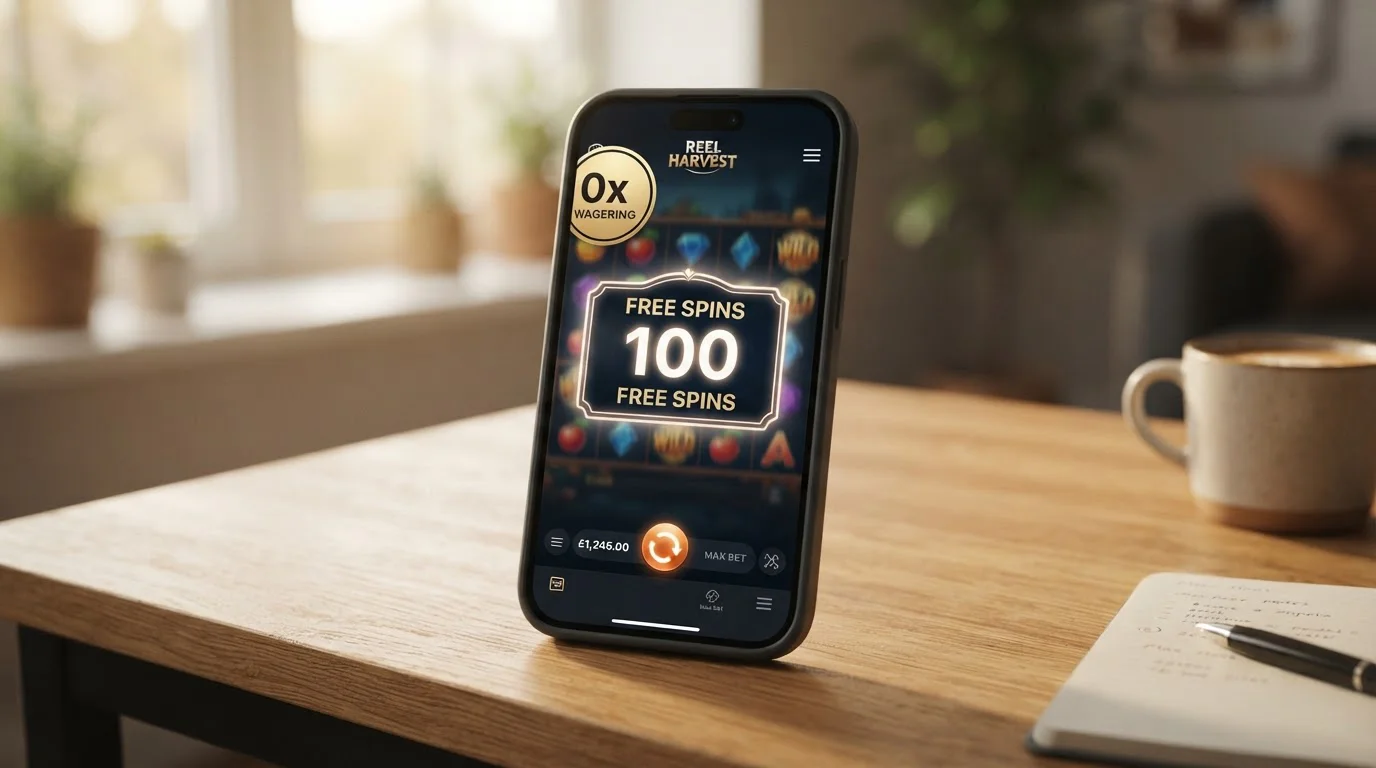 Casino free spins displayed on mobile phone screen with zero wagering badge